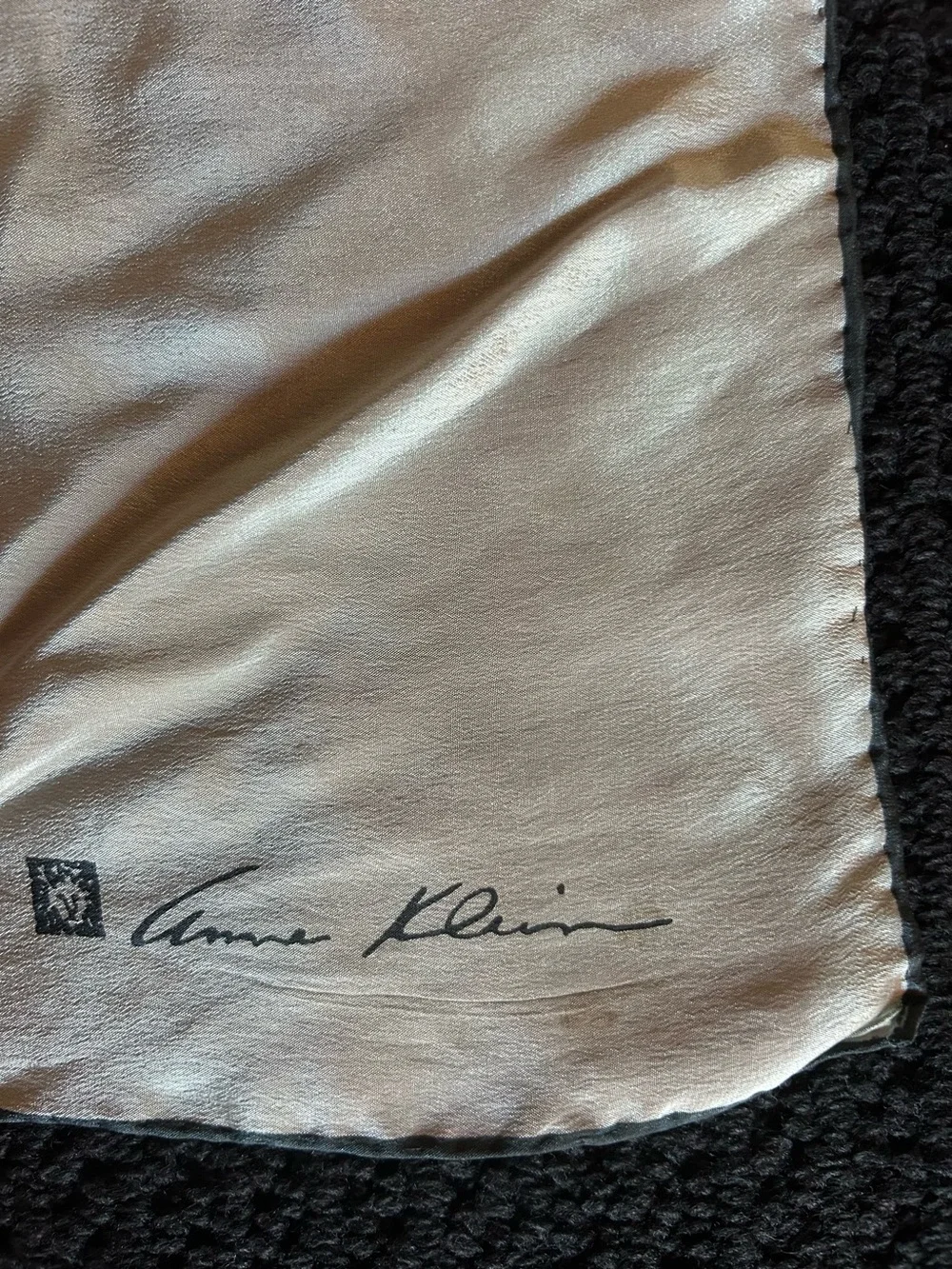 Vintage Anna Klein Light Silver Grey  Silk Scarf with Black Edge